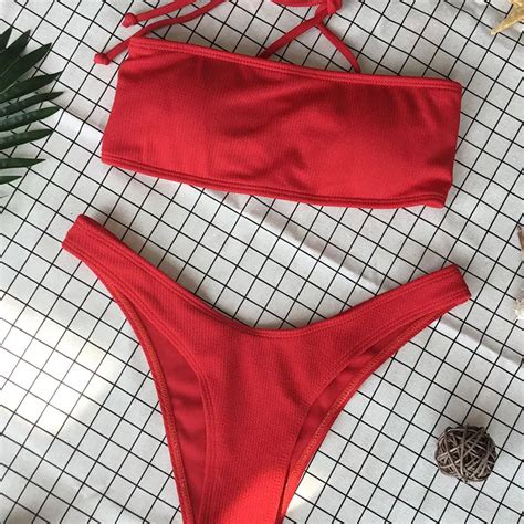 2018 Woman Solid Triangular Bikinis Set Sexy Bandage Swimsuit Summer Swimwear Halter Bikini