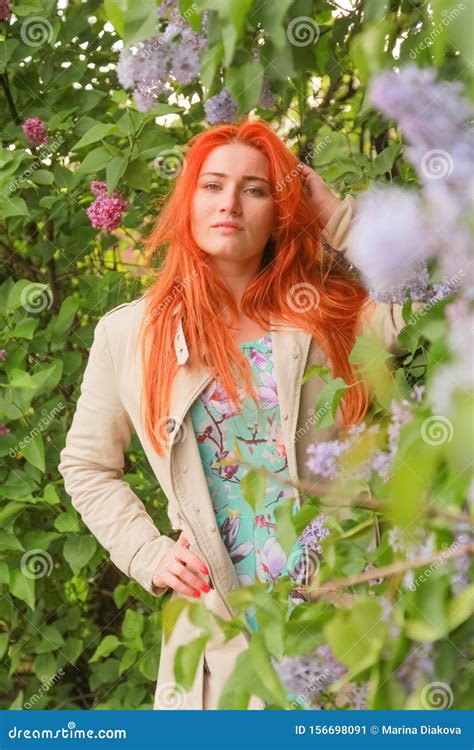 Pretty Redheaded Girl Walking In The Summer Park Stock Image Image Of