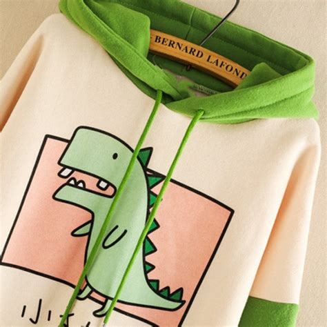 Cute Dinosaur Cartoon Patchwork Brushed Hoodie Cosfun