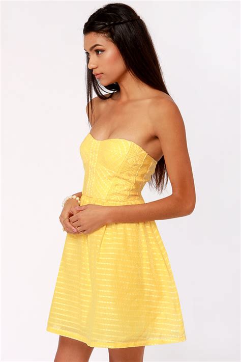 Cute Yellow Dress Strapless Dress Fit And Flare Dress 8000