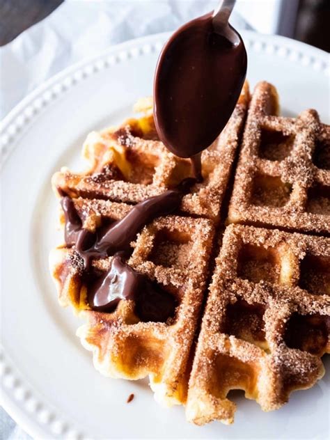 Churro Waffles With Chocolate Sauce Whisked Away Kitchen
