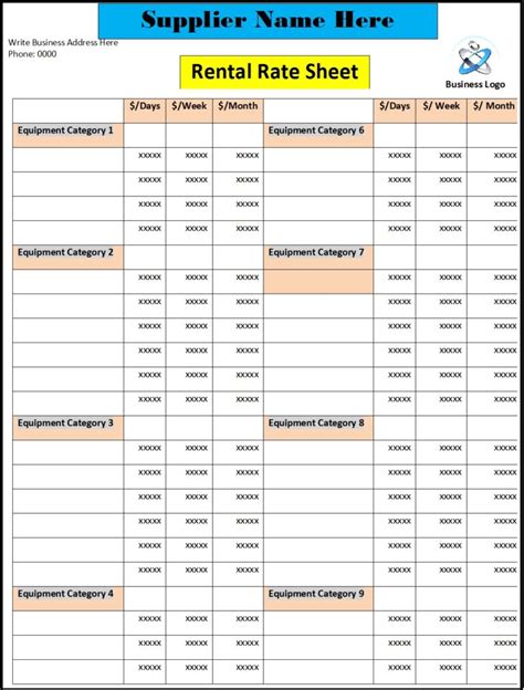 Rate Sheet Template Excel Word Template