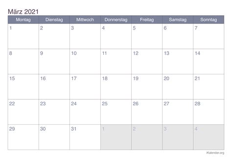Dieser kalender 2021 entspricht der unten gezeigten grafik, also kalender mit kalenderwochen und monatskalender januar 2021 online und zum ausdrucken/download. Kalender März 2021 zum Ausdrucken - iKalender.org