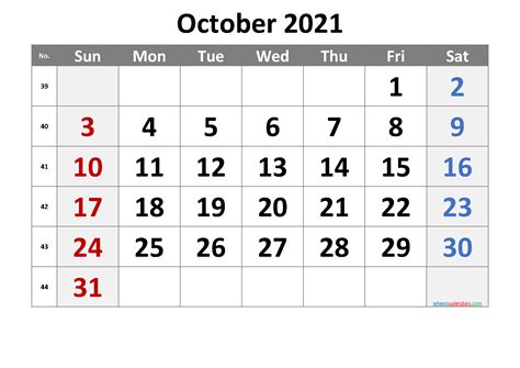 Free Printable 2021 October Calendar