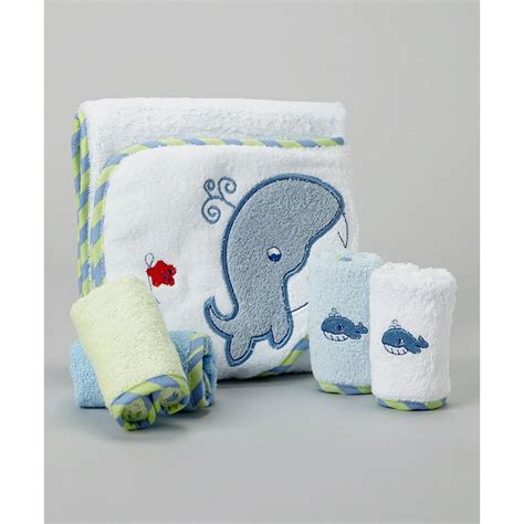 Spasilk Hooded Towel And 4 Washcloth Set Blue Whale