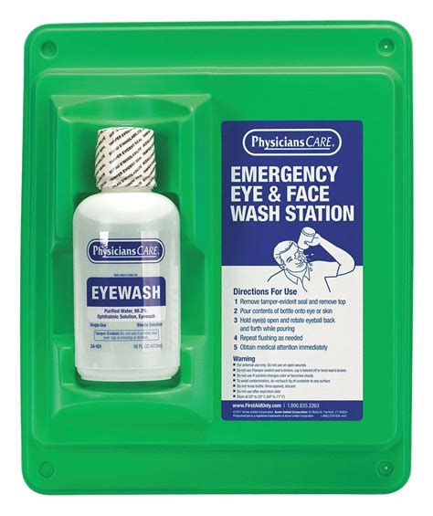 The double eye wash station is small and versatile in a traditional economic green box with translucent door for easy stock checking, can be wall mounted. PHYSICIANSCARE Eye Wash Station, 16 oz Bottle Size, 3 yr Shelf Life, 13 in Height, 10 1/2 in ...