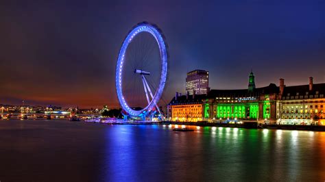 Uk England London Capital Ferris Wheel Night Building
