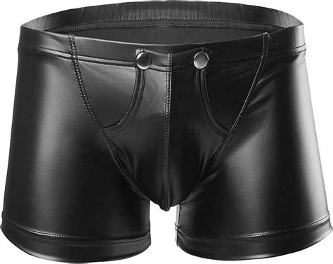 Mens Boxer Imitation Patent Leather Thong Low Rise Buckle Pouch Trunks