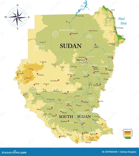 Sudan And South Sudan Highly Detailed Physical Map Stock Vector