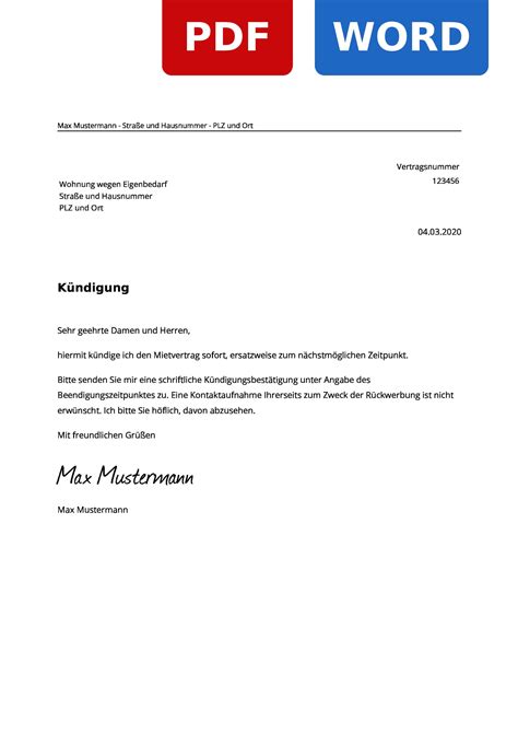 Zum verwenden der kündigungsschreiben benötigen sie einen pdf reader. Wohnung wegen Eigenbedarf kündigen - Muster Vorlage