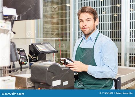 Cashier With Apron At The Cash Register Stock Photo Image Of