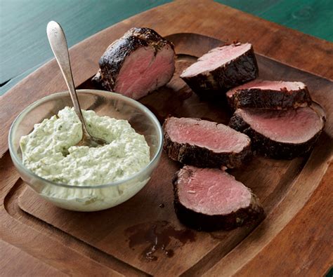 Brush with 1 tablespoon of the olive oil and season heavily with salt and pepper all around. Beef Tenderloin with Cool Horseradish-Dill Sauce - Recipe ...