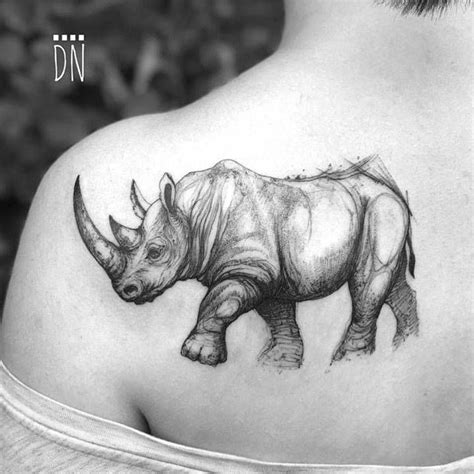 Sketchy Rhino Tattoo On The Left Shoulder Blade Rhino Tattoo Rhino