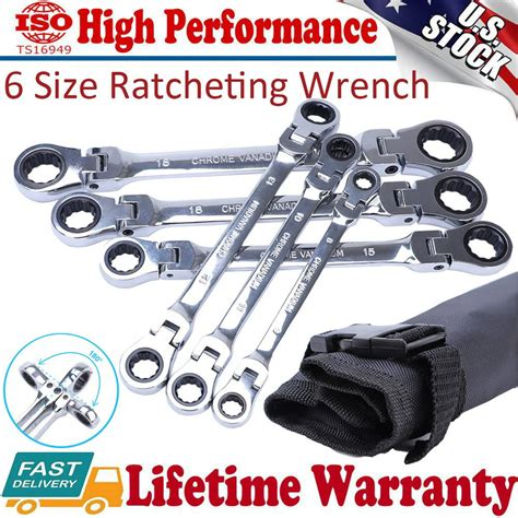 Carbole 6pc Flex Head Double Box End Ratcheting Wrenches Extra Long