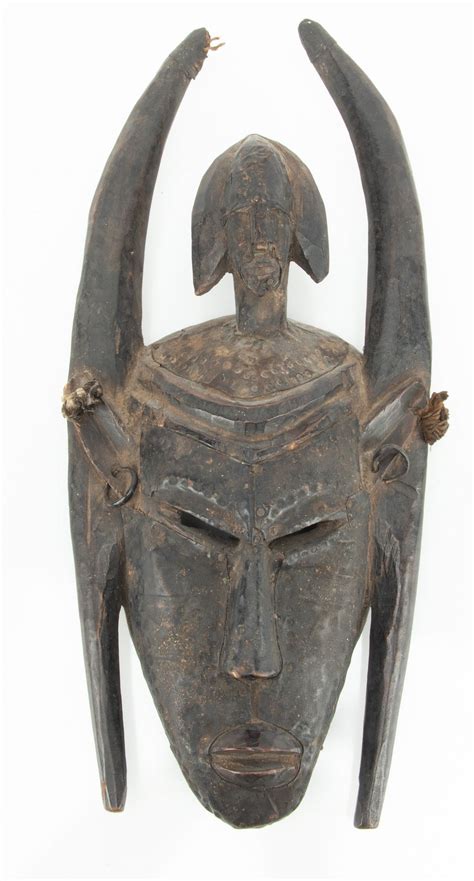 Senufo Kpelie Ivory Coast African Polychrome Carved Wood Mask With Metal And Fiber 20th