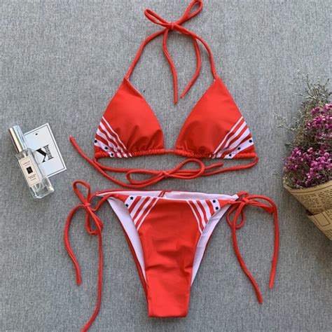 Women Bikini Set Striped Push Up Padded Swimsuit Halter Bathing Suit