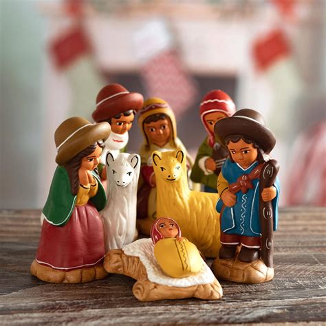 Ceramic Andean Nativity Scene With Llamas From Peru 8 Pcs Andean