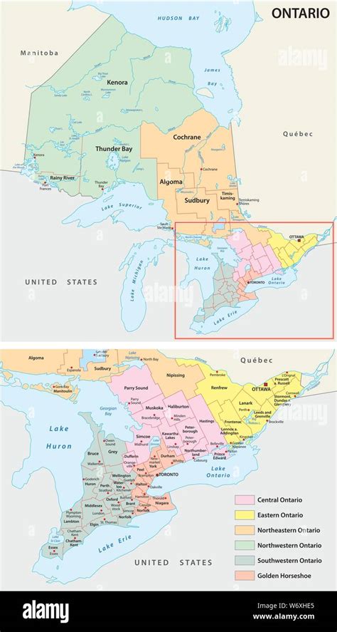 Mapa De Las Regiones Administrativas En La Provincia De Ontario En Canadá Imagen Vector De Stock