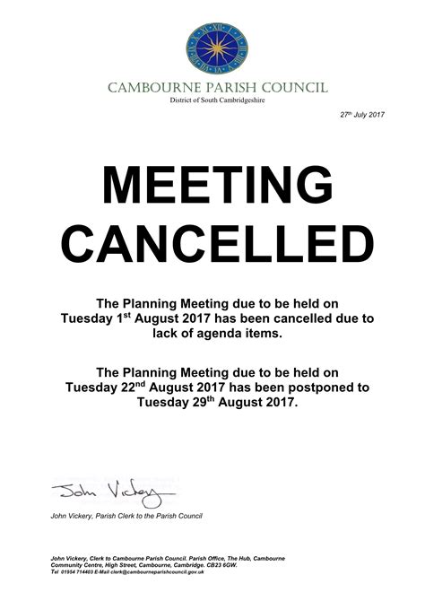 Planning Meeting Cancelled Cambourne Parish Council