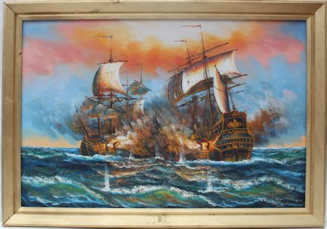 J Harvey Large Oil Painting On Canvas Ships Battle At Sea Signed