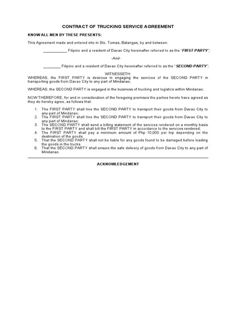 Sample Contract Of Trucking Service Agreement Pdf