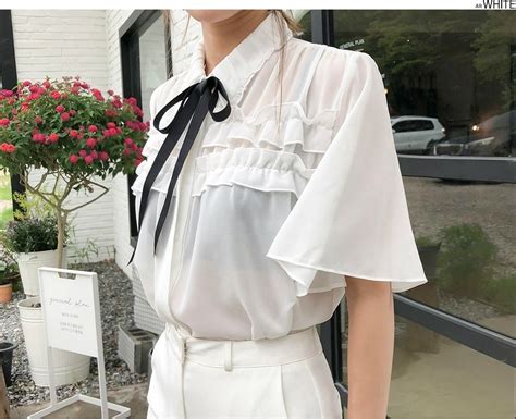 Frill Tie Neck Blouse DABAGIRL Your Style Maker Korean Fashions Clothes Bags Shoes