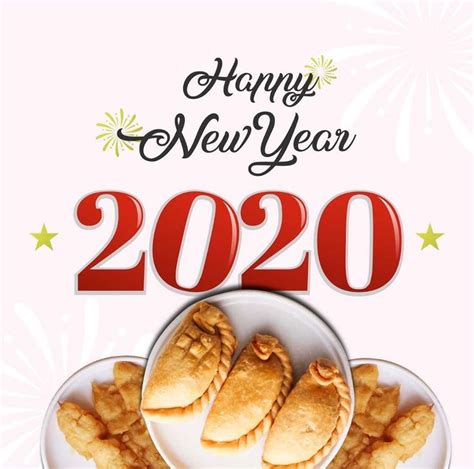 A Happy New Year 2020 Card With Fried Food On A Plate And Fireworks In