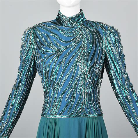 Large Bob Mackie Teal Evening Gown Formal Dress Flowy Silk Chiffon Beaded Sequin Ebay