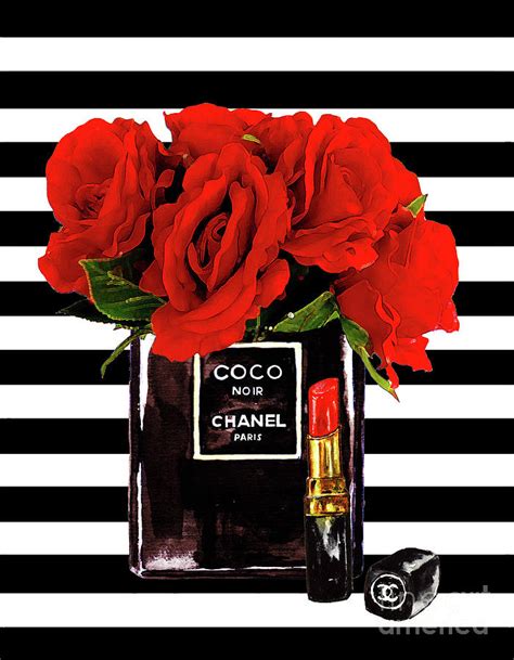 Perfume bottle, black with grey. Chanel Perfume With Red Roses Mixed Media by Del Art