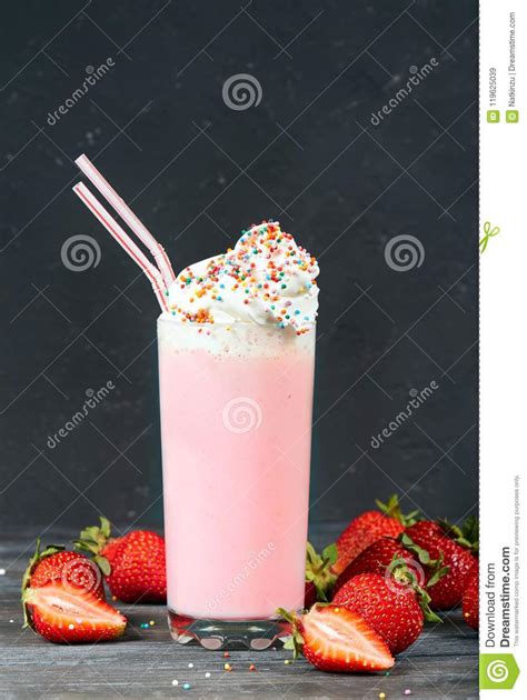 Delicious Strawberry Milkshake Decorated With Whipped Cream Stock Image Image Of Berry Cold