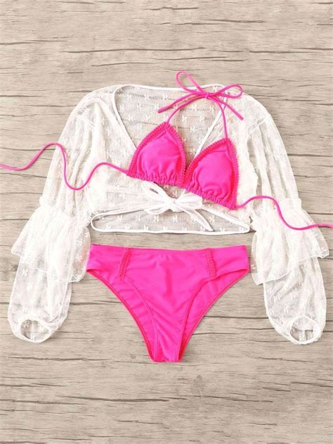 Neon Pink Swimsuit With White Mesh Cover Up Three Piece Bikini