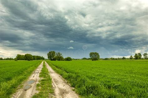 Country Road Through Green Fields And Dark Clouds On The Sky Stock