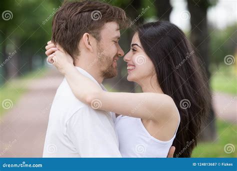 Close Up Of Smiling Sensual Couple Hugging Looking In Eyes Stock Image Image Of Look Adore