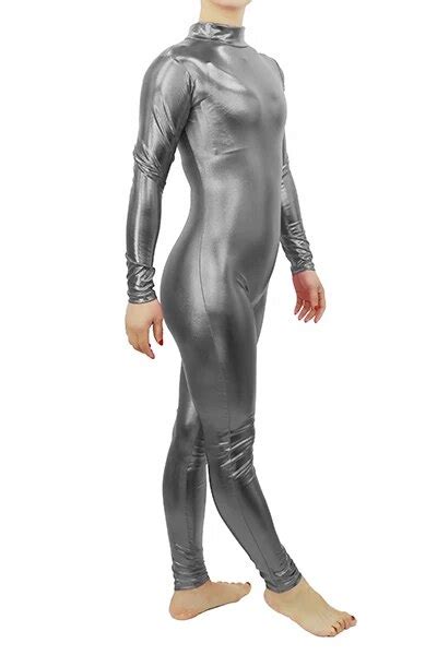 Speerise Women Silver Metallic Catsuits Long Sleeve Unitards Full Body