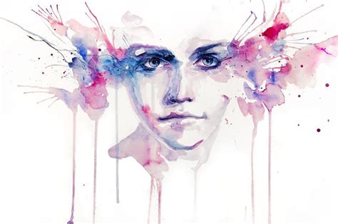 Stunning Eyes Pink Blue Watercolor Portrait Painting Art Design Woman