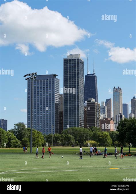 Soccerr Football Field Lincoln Park With Downtown Chicago In