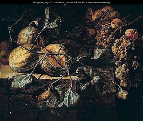 Still Life Of Melons With Apples And Grapes Arranged Upon A Stone Ledge