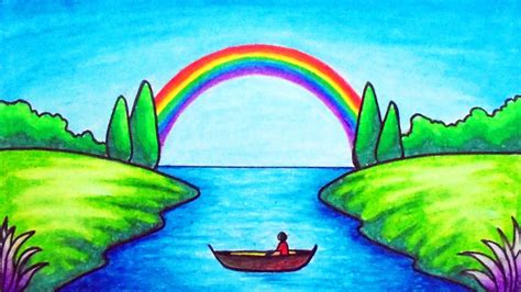 How To Draw Easy Scenery Drawing Rainbow On The River Scenery Step By