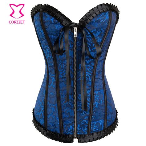 Buy Blue Black Elegant Jacquard Zipper Corset Top Victorian Women Corselet