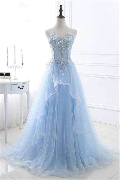 A Line Sweetheart Corset Light Blue Tulle Ruffle Applique Beaded Prom