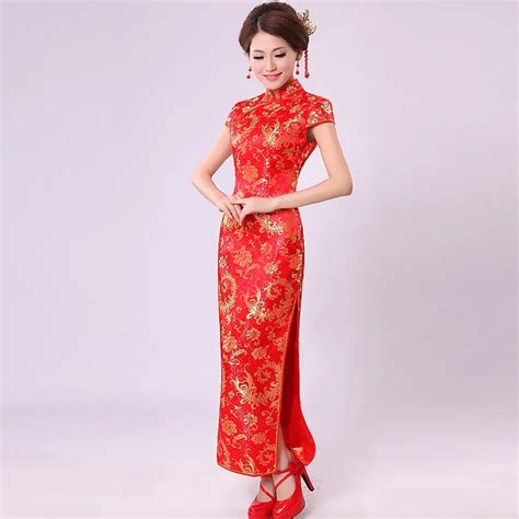 chinese traditional dress pteris flower married red cheongsam long design chinese improved