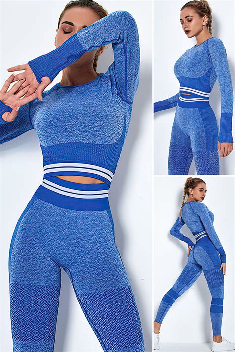 2 pcs yoga sets hollow mesh long sleeve top push up gym leggings stripes sport suits women in