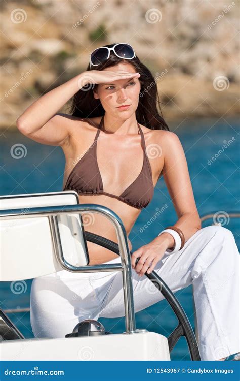 Young Woman Sailing On Luxury Yacht Stock Image Image Of Bikini Coastline 12543967
