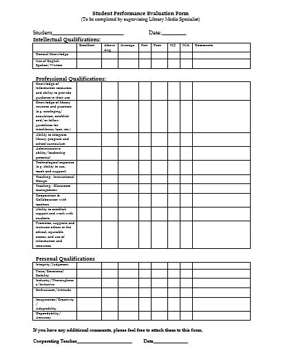 Free Student Evaluation Forms Samples