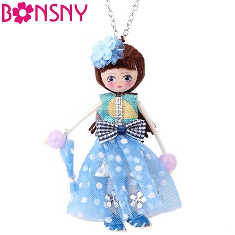 Bonsny Statement Fabric Cloth French Doll Necklace Dress Handmade Pendant Collar Novelty Figure