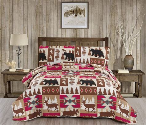 3 Piece Elk Moose Quilt Set Reversible Rustic Lodge Coverlets Christmas