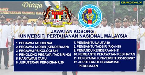 Tawaran adalah dipelawa daripada warganegara malaysia yang berkelayakan untuk memohon bagi mengisi jawatan kosong sebagaimana berikut: Jawatan Kosong Universiti Pertahanan Nasional Malaysia