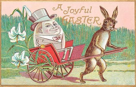 Rabbit Pulling Large Egg In A Cart On An Easter Postcard