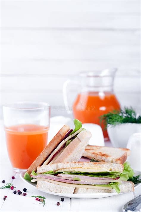 Breakfast With Club Sandwich And Juice Stock Image Image Of Grilled