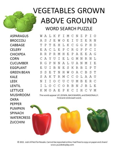 Vegetables Grown Above Ground Word Search Puzzle Puzzles